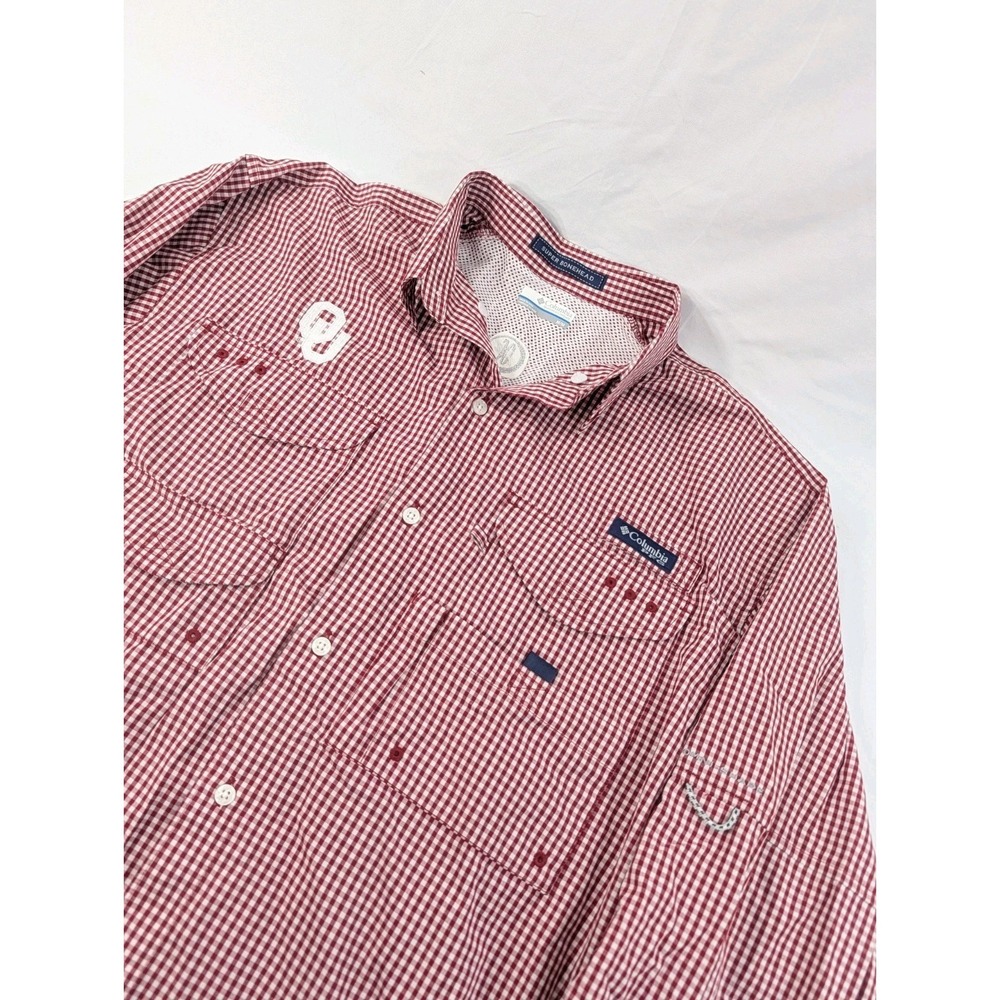 Columbia Pfg Oklahoma Sooners Bonehead Plaid Button‎ Up Long Sleeve M OKC Golf